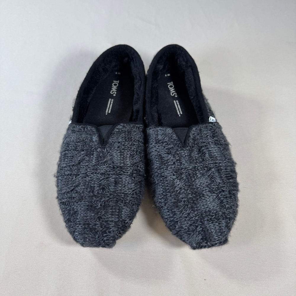 Toms Alpargata Cable Knit Black Women's 7 Faux Fur Slip On Shoes Cozy Lounge - Picture 2 of 10
